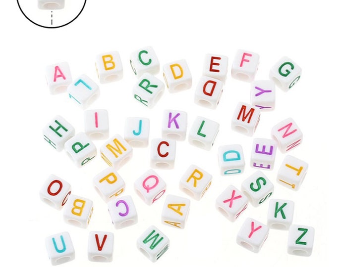 Vertical Cube Letter Beads, Alphabet Beads, Vertical Hole 7mm Acrylic