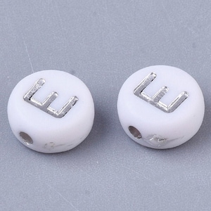 Letter E Beads, 7mm Silver and White Alphabet Beads