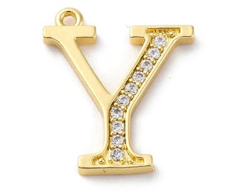Upsilon Letter Charms, Greek Alphabet Charms, 18K Gold Plated Brass, Micro Pave Cubic Zirconia