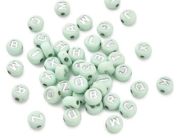Green and Silver Letter Beads, Flat Round Alphabet Acrylic Beads, Name Bracelet Beads, DIY Jewelry Making Supplies