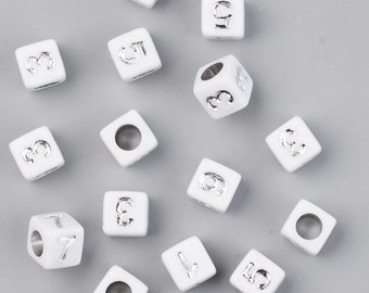 Cube Acrylic Number Beads, 6mm Silver and White Hashtag Beads, Heart Beads