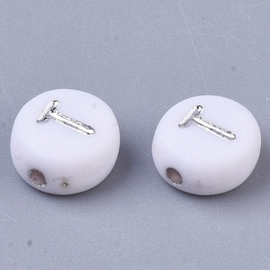 Letter T Beads, 7mm Silver and White Alphabet Beads