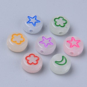 400 Glow in the Dark Beads, 7mm Assorted Star Beads, Heart Beads, Moon Beads, Flower Beads, Mixed Beads