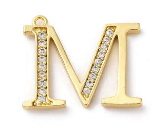 Mu Letter Charms, Greek Alphabet Charms, 18K Gold Plated Brass, Micro Pave Cubic Zirconia