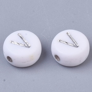 Letter V Beads, 7mm Silver and White Alphabet Beads