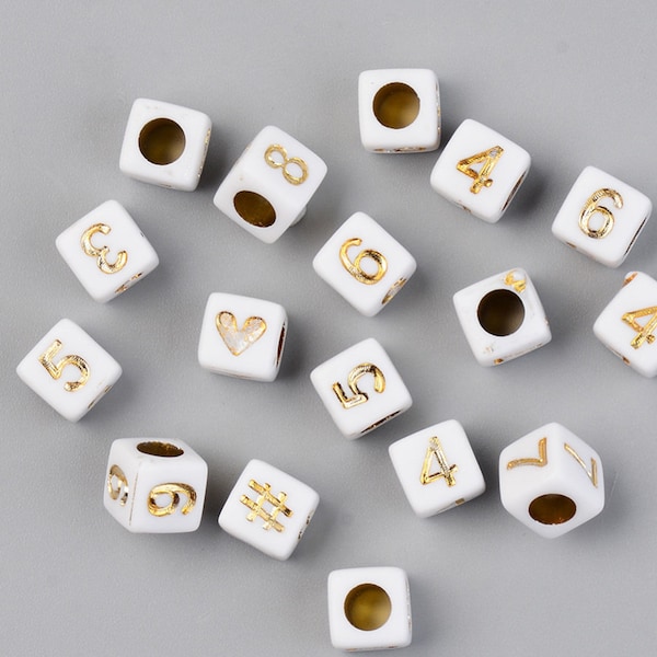 Cube Acrylic Number Beads, 6mm Gold Cube Number Beads