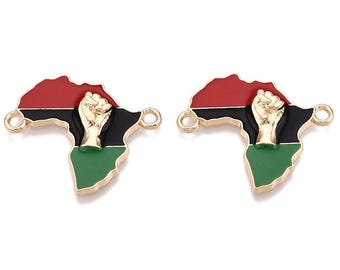 5 Africa Charms Africa Map Enamel Connector Charms with Fist - Jewelry Making, Black Power Symbol, DIY Earrings & Bracelets