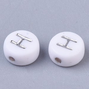 Letter H Beads, 7mm Silver and White Alphabet Beads