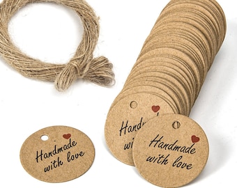 100 Handmade with love labels with jute rope