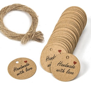 100 Handmade with love labels with jute rope