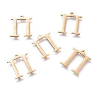 May include: Five gold-colored metal charms in the shape of the Greek letter Pi. Each charm has a small loop at the top for attaching to jewelry. The charms are displayed against a white background.