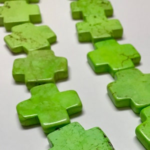 13 Green Howlite Stone Cross Beads, 29mm Crosses, 375