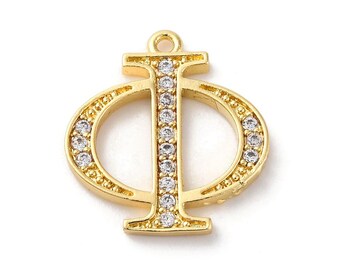 Phi Greek Letter Pendant – 18K Gold Plated Brass, Micro Pave Cubic Zirconia, 15mm Charm for Jewelry Making