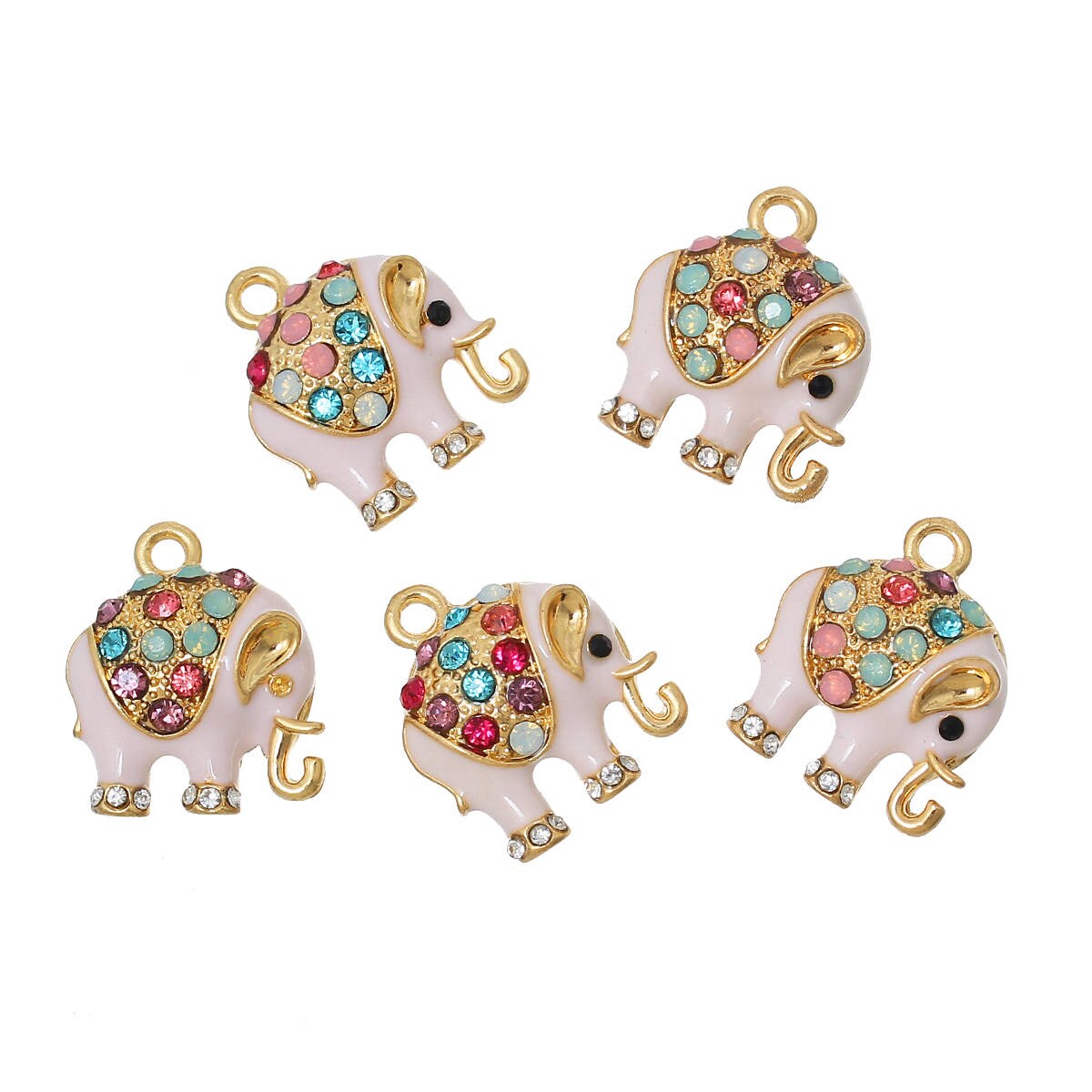 5 Enamel Elephant Charms, Bling Elephant Charms, Rhinestone Animal