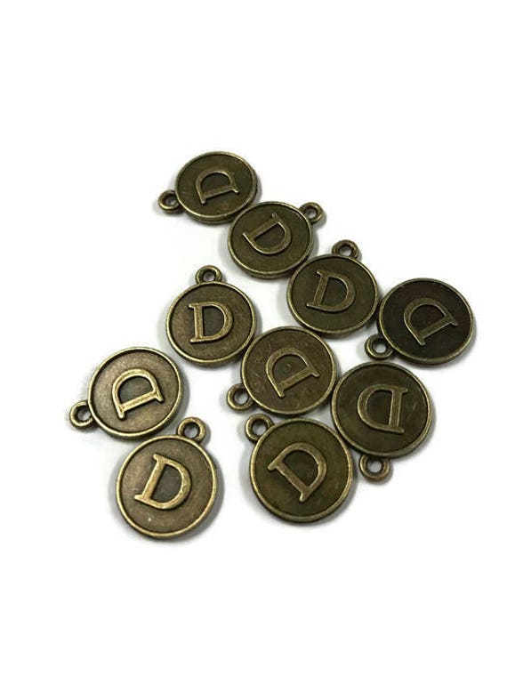 Large Round Brass Letter D Initial Charms for Bracelets or Pendants 1473D - 2 Pieces