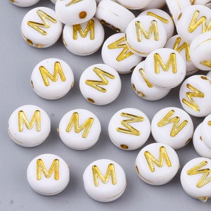 Letter M Beads, 7mm Gold and White Alphabet Beads