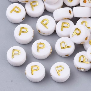 Gold Letter P Beads, 7mm Gold and White Alphabet Beads