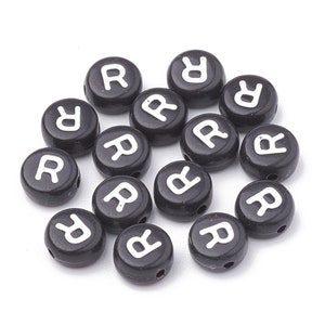 Black Letter R Beads, 7mm Round Alphabet Beads