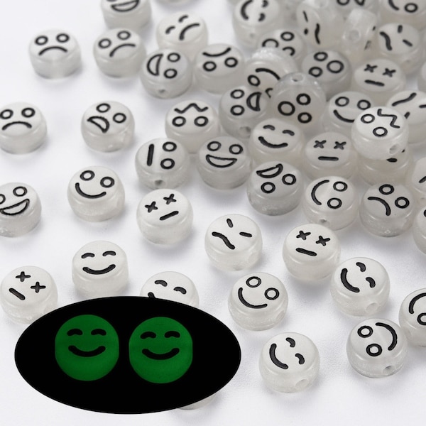 Glow in the dark, Acrylic Smiley Face Beads, Frowny Face Beads, Wow Beads, Sad Face Bead, Facial Expression Beads