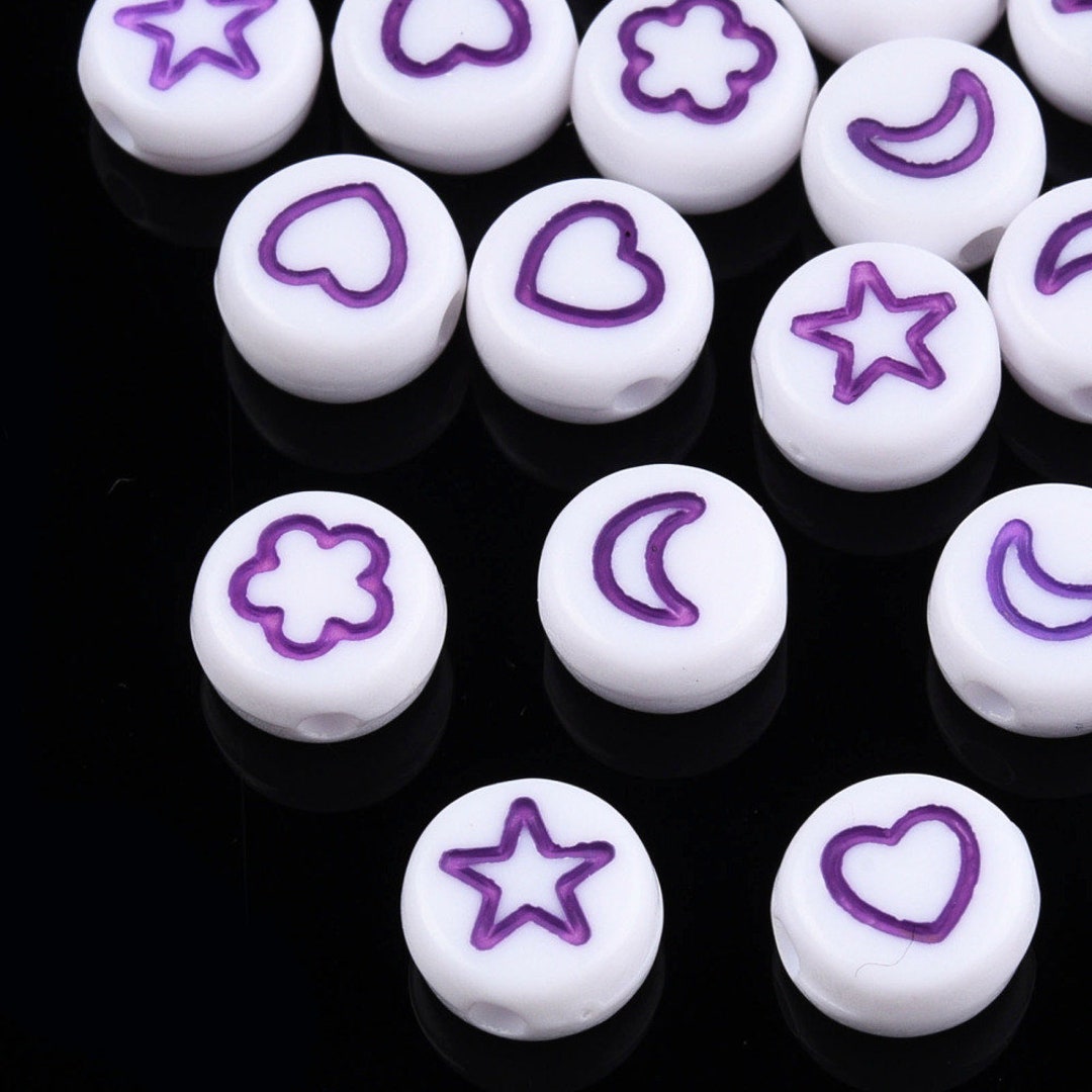 500 7mm Purple and White Star Beads, Heart Beads, Moon Beads, Mixed