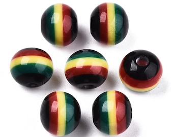 Ghana Jamaica Reggae Stripe Beads, Rasta Color Resin Beads, African Jewelry Making Supplies, Round Spacer Beads for Bracelets Necklaces DIY