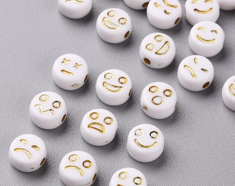 Gold and White Acrylic Smiley Face Beads 7mm, Emoji Beads