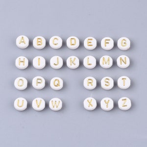 7mm Gold and White Alphabet Beads, Name beads, Letter A-Z Round Beads 7mm image 3