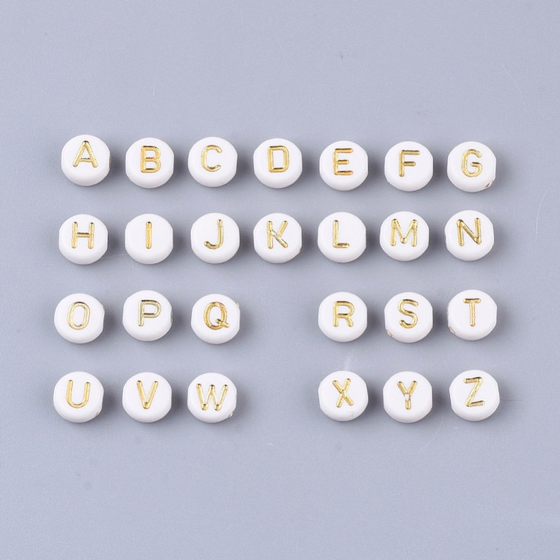 7mm Gold and White Alphabet Beads, Name beads, Letter A-Z Round Beads 7mm image 3