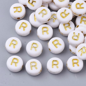 Gold Letter R Beads, 7mm Gold and White Alphabet Beads