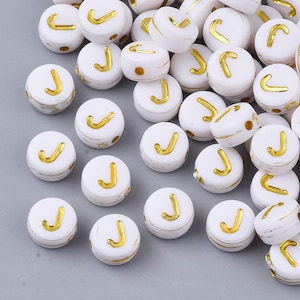 Letter J Beads, 7mm Gold and White Alphabet Beads