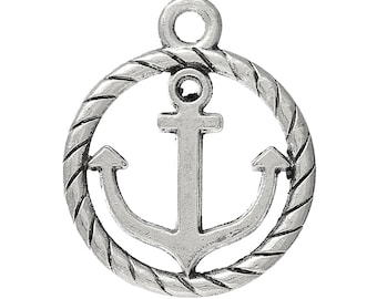 20 Hoop Anchor Charms Antique Silver Tone 2 Sided