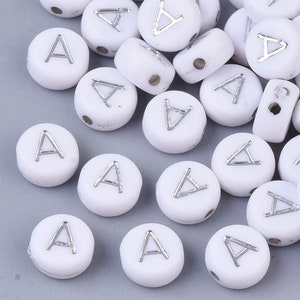 Letter A Beads, 7mm Silver and White Alphabet Beads