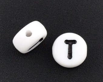 Letter T Beads 7mm, ABC Beads, Black & White Alphabet Beads