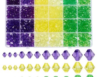 Bicone Glass Beads Assorted with container | Yellow, Purple, and Green Beads