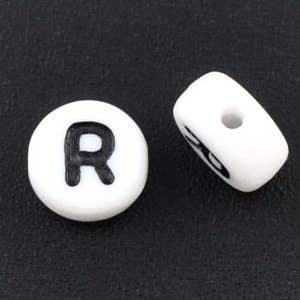 Letter R Beads 7mm, Initial Beads, ABC Beads, Black & White Alphabet Bead