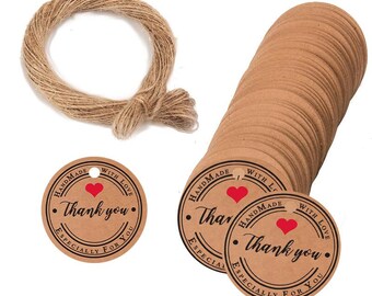 100 Thank you Tags, Handmade with love labels with jute rope