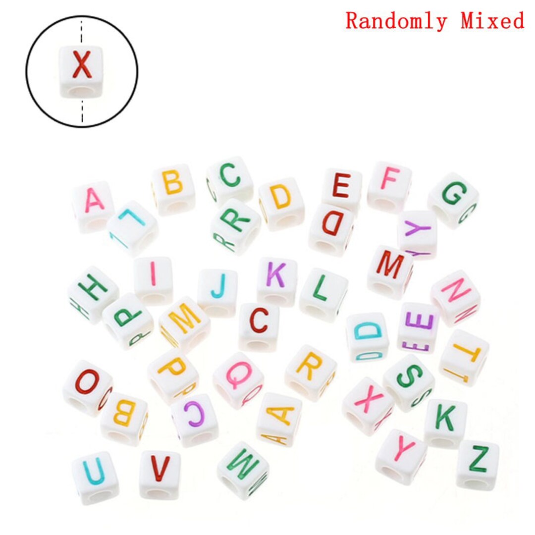 200pcs Alphabet Beads,7mm White Cube Beads,mixed Color Letters-acrylic  Beads-plastic Beads With 4mm Diameter Hole 