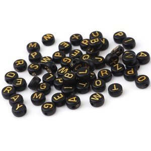 7mm Black & Gold Alphabet Beads, Name beads, Letter A-Z Round Beads 7mm