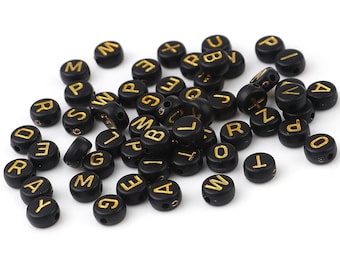 7mm Black & Gold Alphabet Beads, Name beads, Letter A-Z Round Beads 7mm