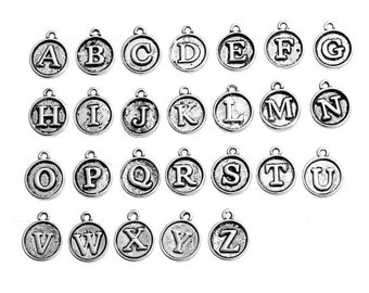 26 Alphabet Letter Charms Antique Bronze Tone, Antique Silver or Gold Plated, one full set, Round Initial Charms