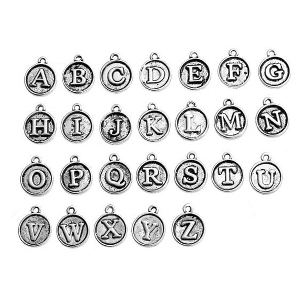 26 Alphabet Letter Charms Antique Bronze Tone, Antique Silver or Gold Plated, one full set, Round Initial Charms
