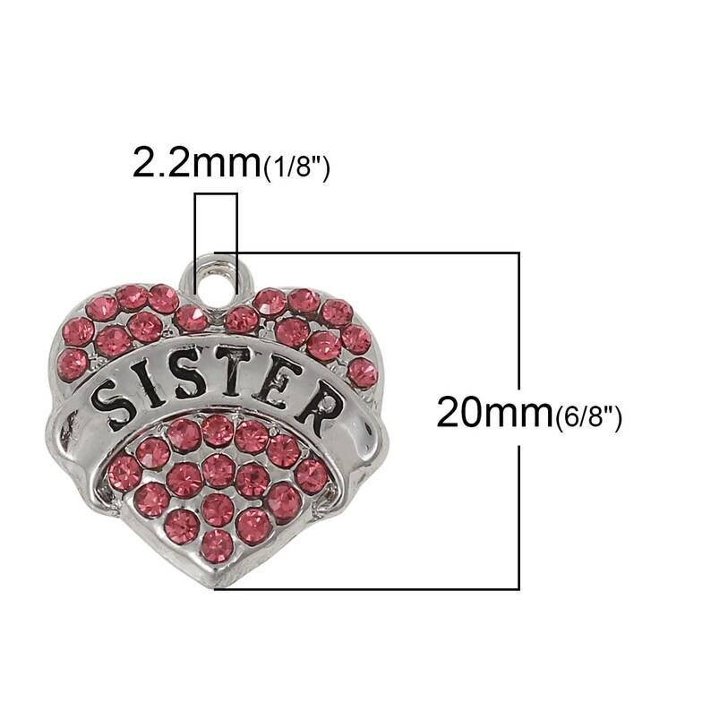 2 Pink Rhinestone Sister Heart Charms 20mm 716 | Etsy