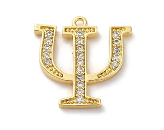 Psi Letter Charms, Greek Alphabet Charms, 18K Gold Plated Brass, Micro Pave Cubic Zirconia