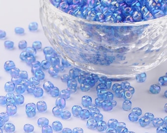 Blue Seed Beads 6/0 Transparent, Rainbow Plated, 110 grams