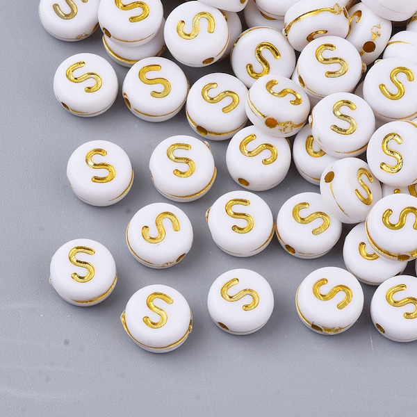 Gold Letter S Beads, 7mm Gold and White Alphabet Beads