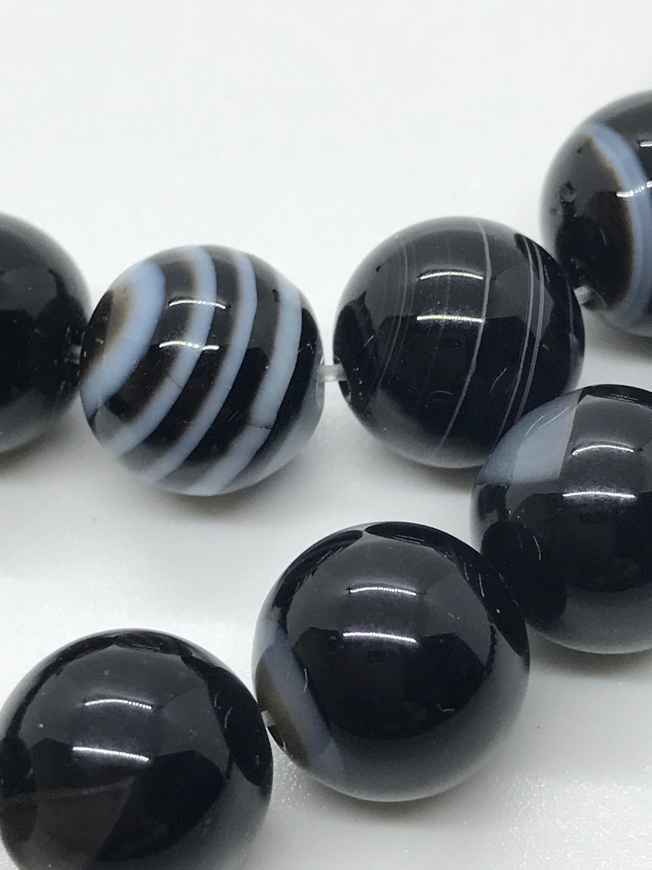 37 10mm Black Agate Beads, Natural Striped Banded Agate Bead Strands