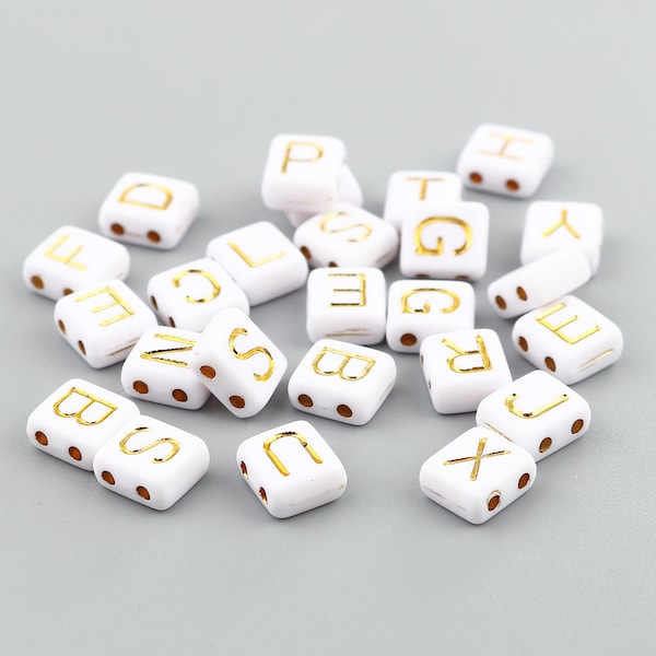 300 8mm Gold & White Square Alphabet Beads, Double Hole Beads, Acrylic letter beads