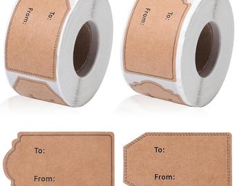 Gift Tags, 2 Rolls Kraft Gift Tags Stickers, 600 To & From Labels,  Self Adhesive Gift Name Tags, Christmas Gift Labels