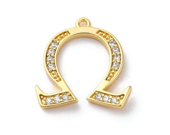 Omega Letter Charms, Greek Alphabet Charms, 18K Gold Plated Brass, Micro Pave Cubic Zirconia