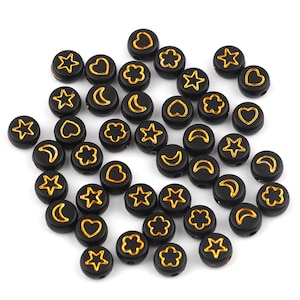 7mm Black and Gold Star Beads, Heart Beads, Moon Beads, Mixed Beads